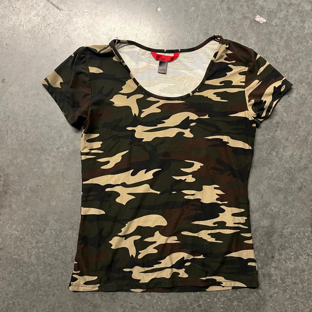 Hot Kiss Camo Short Sleeve Scoop Neck T-Shirt Green Brown Camouflage SJT2374